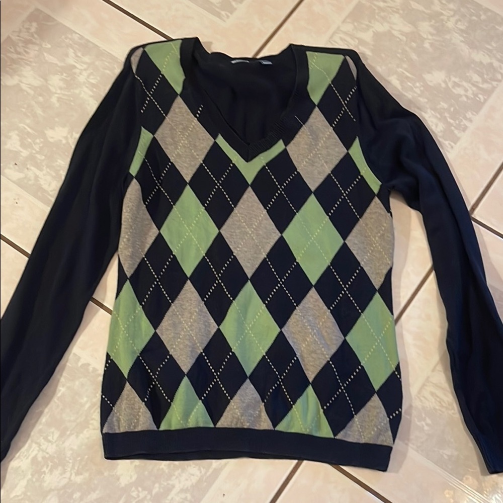 Izod Women's V-Neck Sweater - Navy, Lime, Gray Argyle